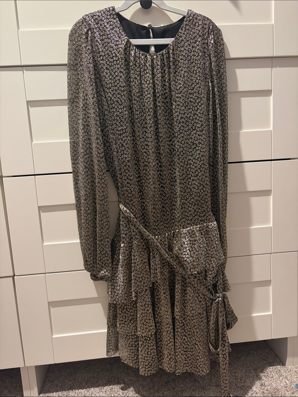 MSK Gold Long-Sleeve Floral Tiered Tie-Waist Dress